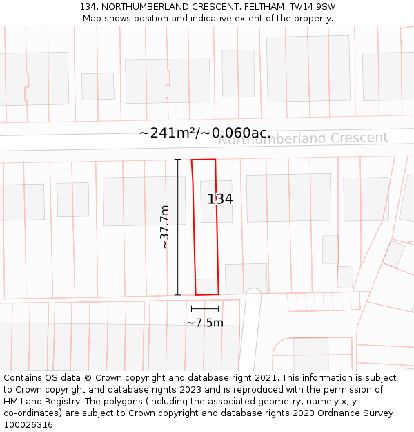 134, NORTHUMBERLAND CRESCENT, FELTHAM, TW14 9SW: Plot and title map