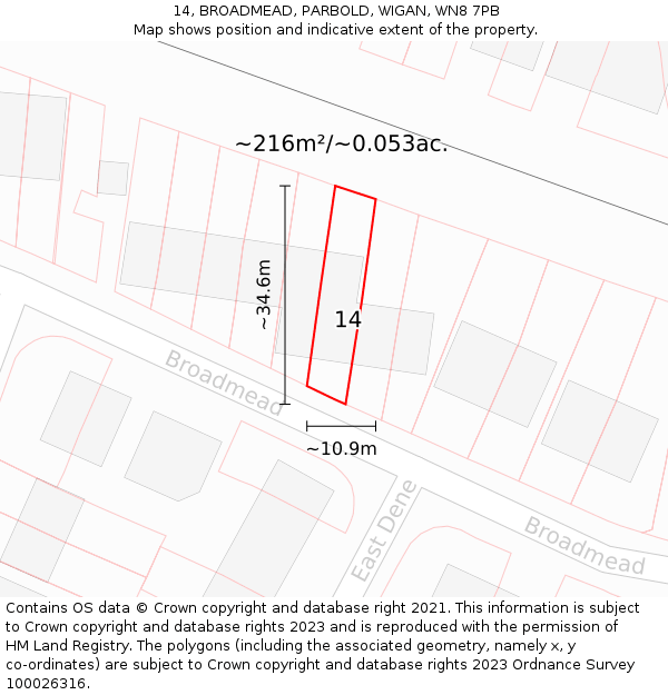 14, BROADMEAD, PARBOLD, WIGAN, WN8 7PB: Plot and title map
