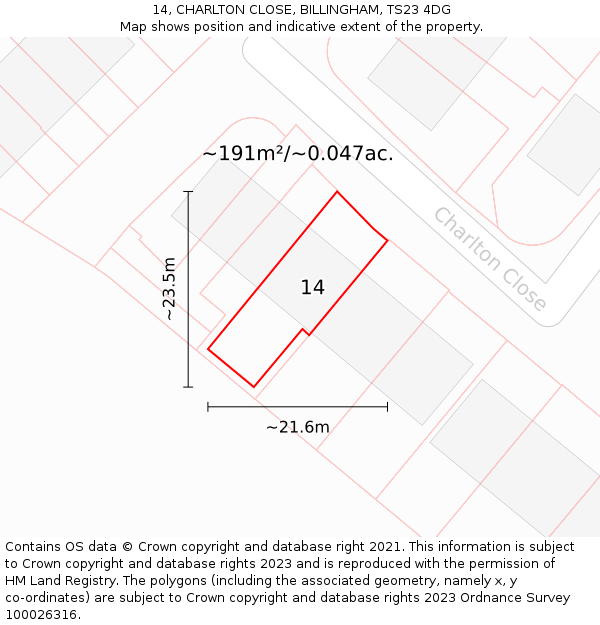 14, CHARLTON CLOSE, BILLINGHAM, TS23 4DG: Plot and title map