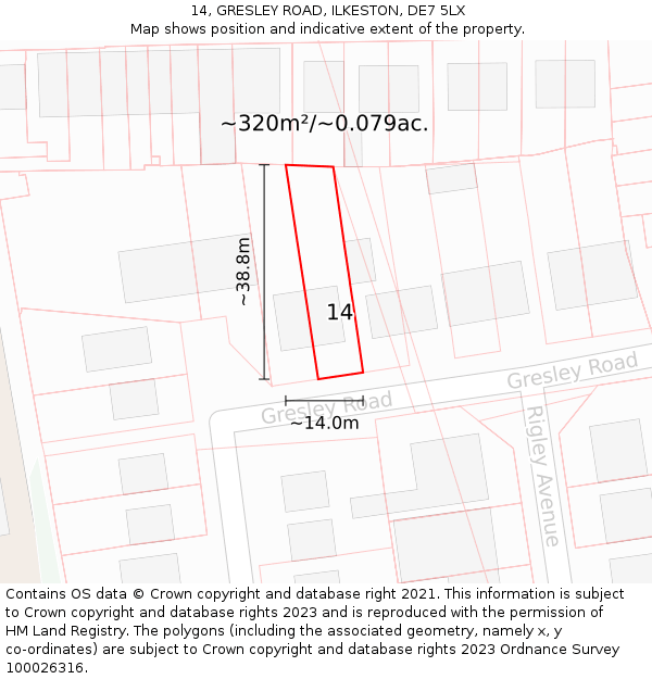 14, GRESLEY ROAD, ILKESTON, DE7 5LX: Plot and title map