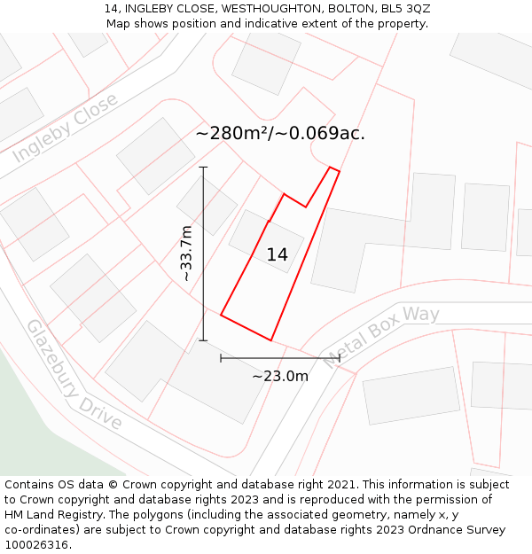 14, INGLEBY CLOSE, WESTHOUGHTON, BOLTON, BL5 3QZ: Plot and title map