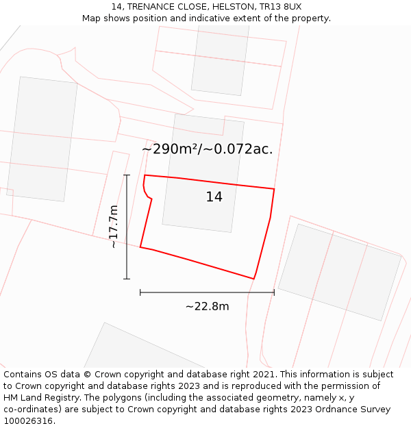 14, TRENANCE CLOSE, HELSTON, TR13 8UX: Plot and title map