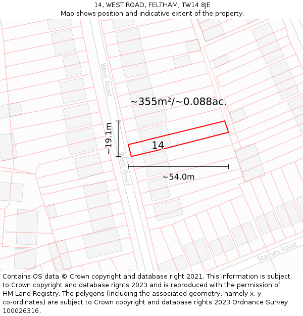 14, WEST ROAD, FELTHAM, TW14 8JE: Plot and title map