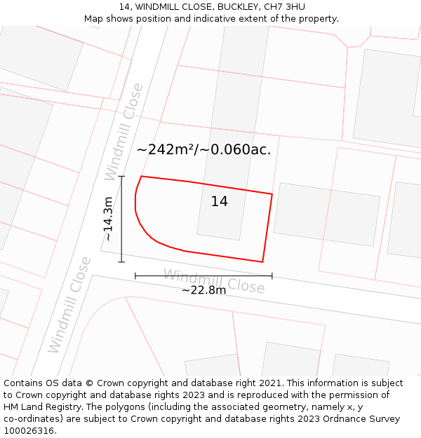 14, WINDMILL CLOSE, BUCKLEY, CH7 3HU: Plot and title map