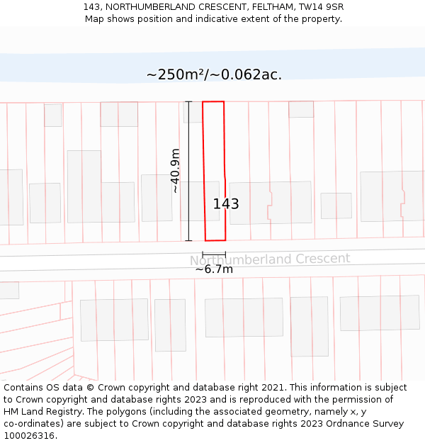 143, NORTHUMBERLAND CRESCENT, FELTHAM, TW14 9SR: Plot and title map
