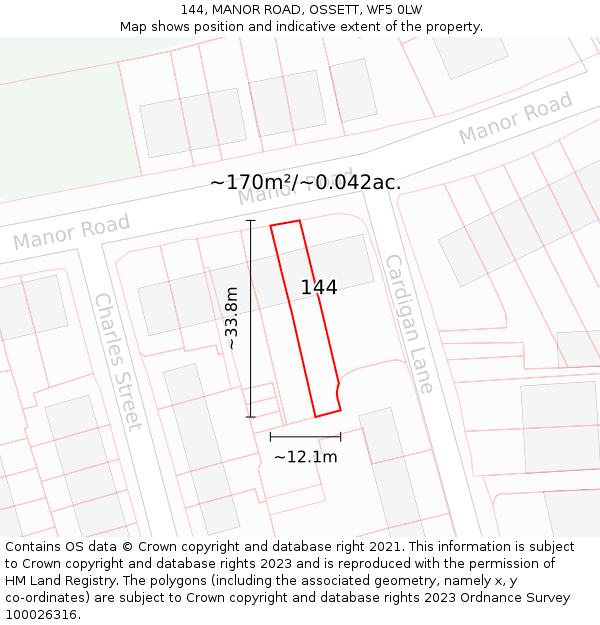 144, MANOR ROAD, OSSETT, WF5 0LW: Plot and title map