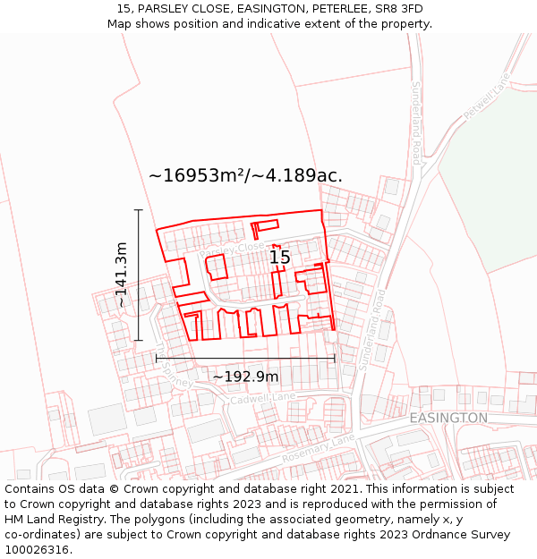15, PARSLEY CLOSE, EASINGTON, PETERLEE, SR8 3FD: Plot and title map