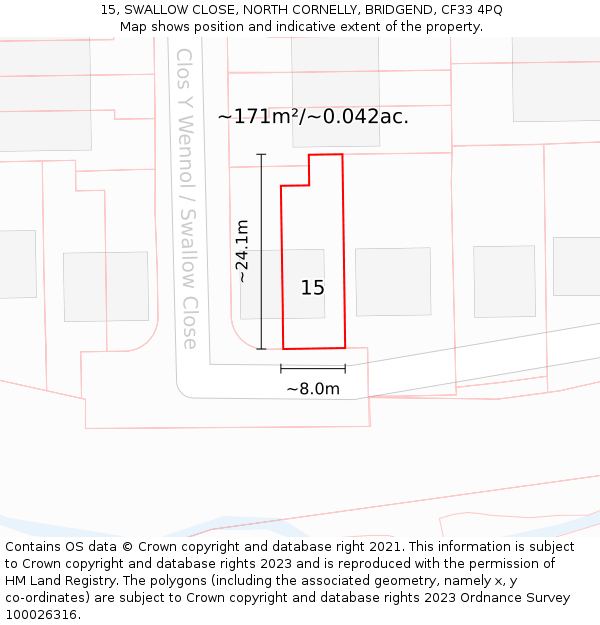 15, SWALLOW CLOSE, NORTH CORNELLY, BRIDGEND, CF33 4PQ: Plot and title map