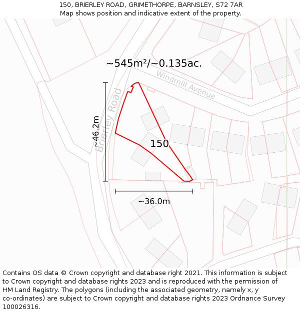 150, BRIERLEY ROAD, GRIMETHORPE, BARNSLEY, S72 7AR: Plot and title map