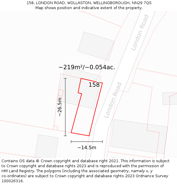 158, LONDON ROAD, WOLLASTON, WELLINGBOROUGH, NN29 7QS: Plot and title map