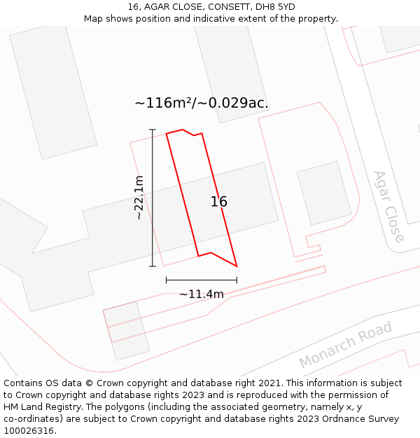 16, AGAR CLOSE, CONSETT, DH8 5YD: Plot and title map