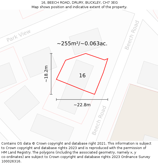 16, BEECH ROAD, DRURY, BUCKLEY, CH7 3EG: Plot and title map
