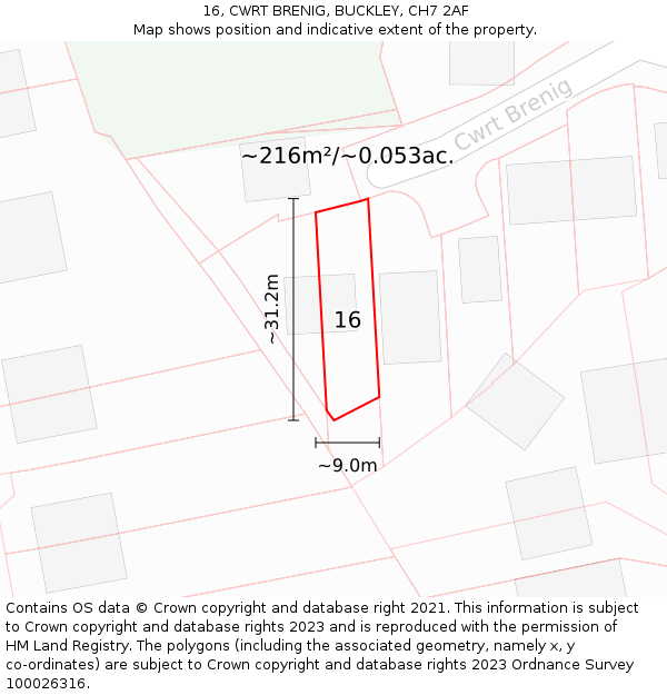 16, CWRT BRENIG, BUCKLEY, CH7 2AF: Plot and title map