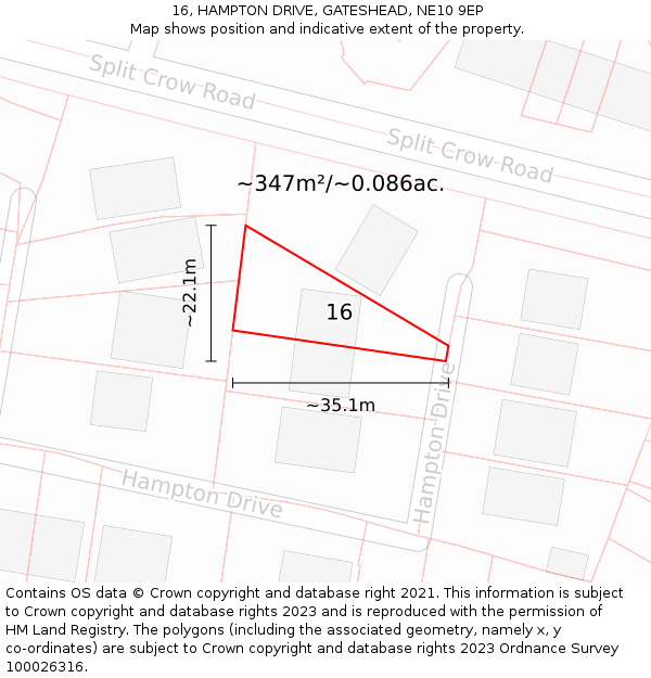 16, HAMPTON DRIVE, GATESHEAD, NE10 9EP: Plot and title map