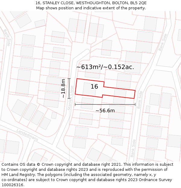 16, STANLEY CLOSE, WESTHOUGHTON, BOLTON, BL5 2QE: Plot and title map