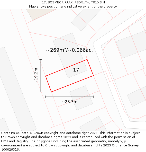 17, BOSMEOR PARK, REDRUTH, TR15 3JN: Plot and title map