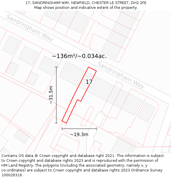 17, SANDRINGHAM WAY, NEWFIELD, CHESTER LE STREET, DH2 2FE: Plot and title map