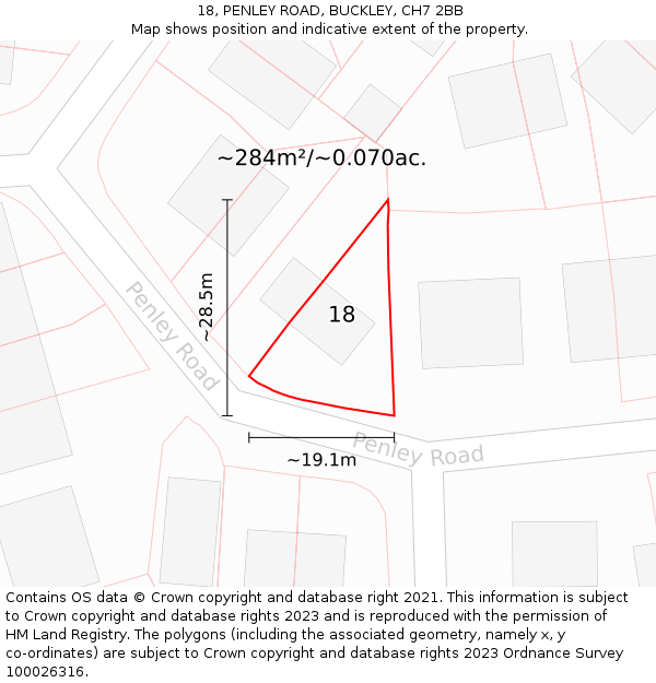 18, PENLEY ROAD, BUCKLEY, CH7 2BB: Plot and title map