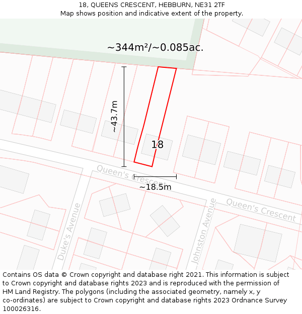 18, QUEENS CRESCENT, HEBBURN, NE31 2TF: Plot and title map