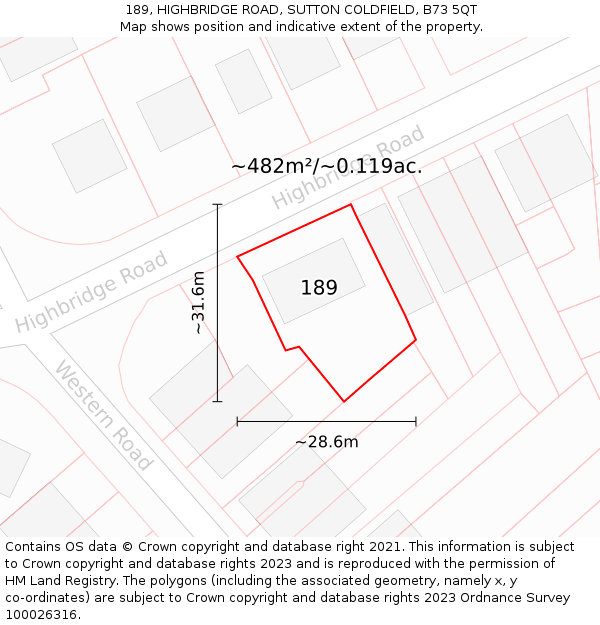 189, HIGHBRIDGE ROAD, SUTTON COLDFIELD, B73 5QT: Plot and title map