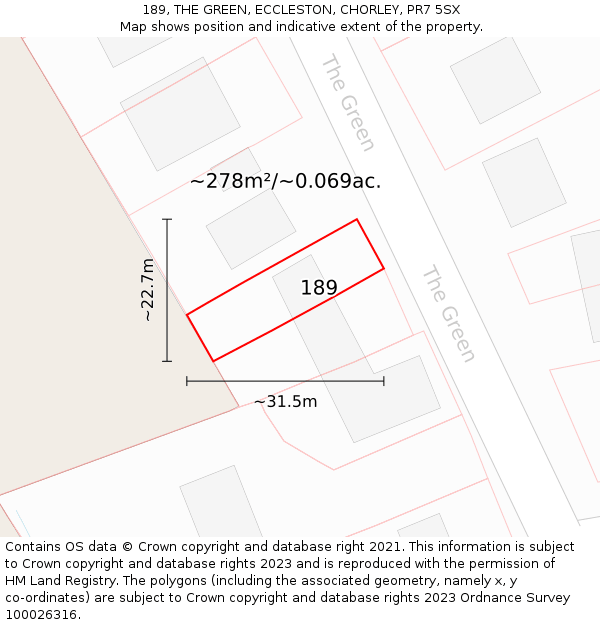 189, THE GREEN, ECCLESTON, CHORLEY, PR7 5SX: Plot and title map
