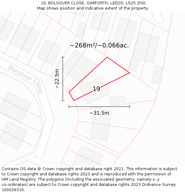 19, BOLSOVER CLOSE, GARFORTH, LEEDS, LS25 2NG: Plot and title map