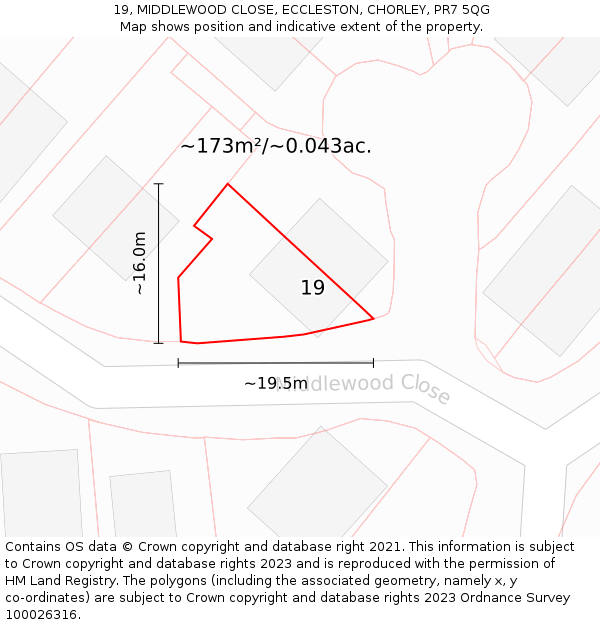 19, MIDDLEWOOD CLOSE, ECCLESTON, CHORLEY, PR7 5QG: Plot and title map