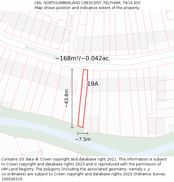 19A, NORTHUMBERLAND CRESCENT, FELTHAM, TW14 9SY: Plot and title map