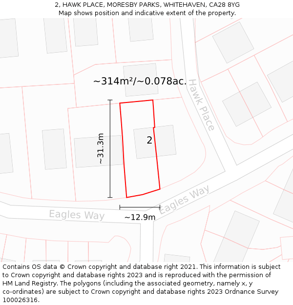 2, HAWK PLACE, MORESBY PARKS, WHITEHAVEN, CA28 8YG: Plot and title map