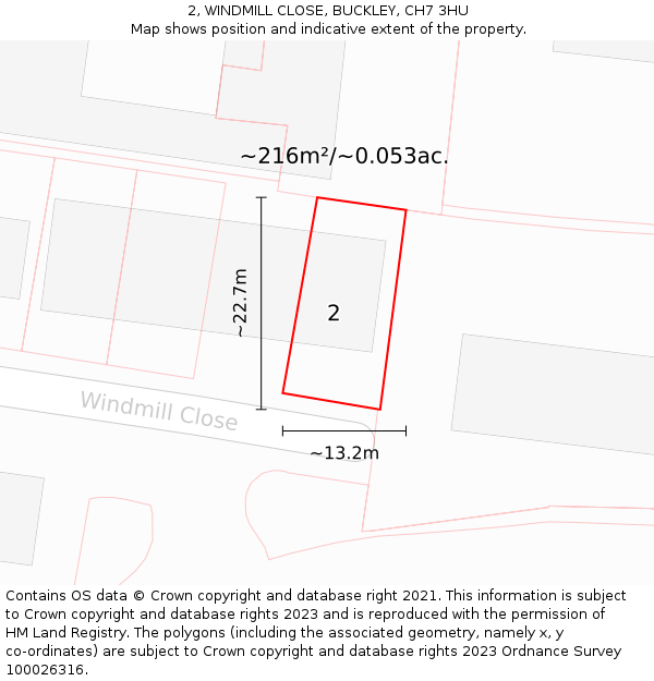 2, WINDMILL CLOSE, BUCKLEY, CH7 3HU: Plot and title map