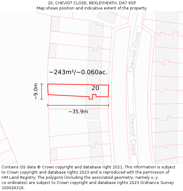 20, CHEVIOT CLOSE, BEXLEYHEATH, DA7 6SP: Plot and title map