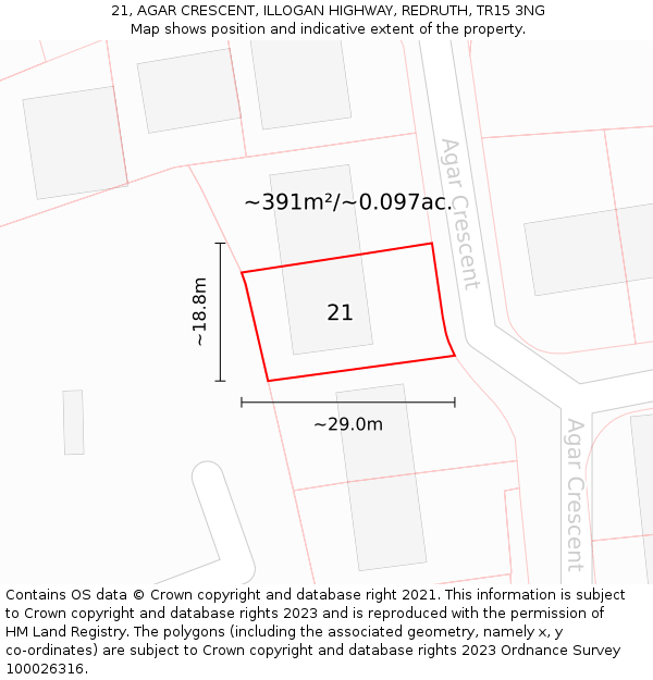 21, AGAR CRESCENT, ILLOGAN HIGHWAY, REDRUTH, TR15 3NG: Plot and title map