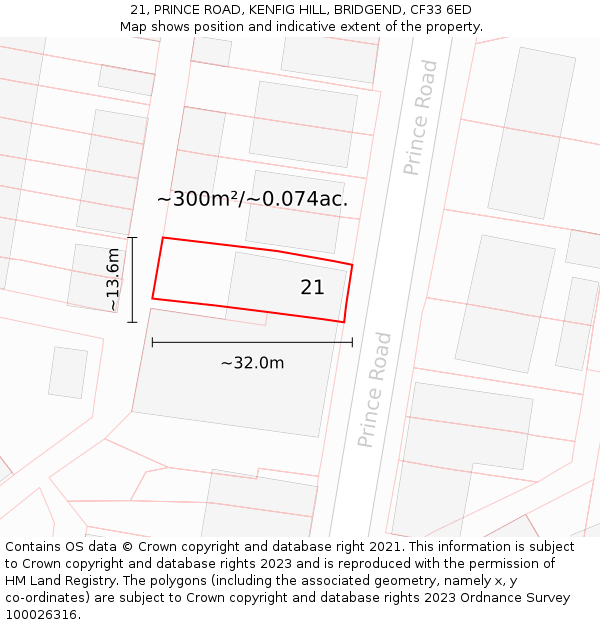 21, PRINCE ROAD, KENFIG HILL, BRIDGEND, CF33 6ED: Plot and title map