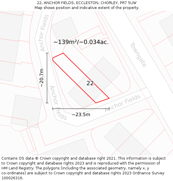 22, ANCHOR FIELDS, ECCLESTON, CHORLEY, PR7 5UW: Plot and title map