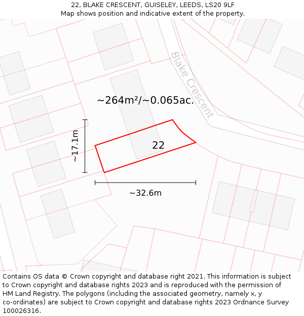 22, BLAKE CRESCENT, GUISELEY, LEEDS, LS20 9LF: Plot and title map