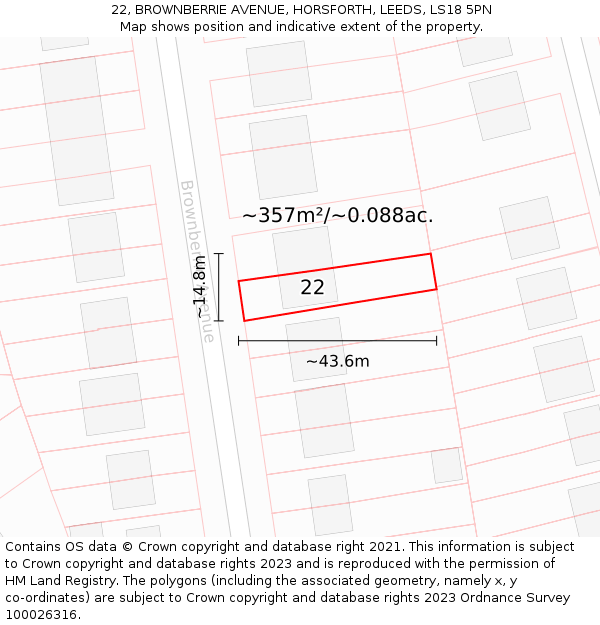 22, BROWNBERRIE AVENUE, HORSFORTH, LEEDS, LS18 5PN: Plot and title map