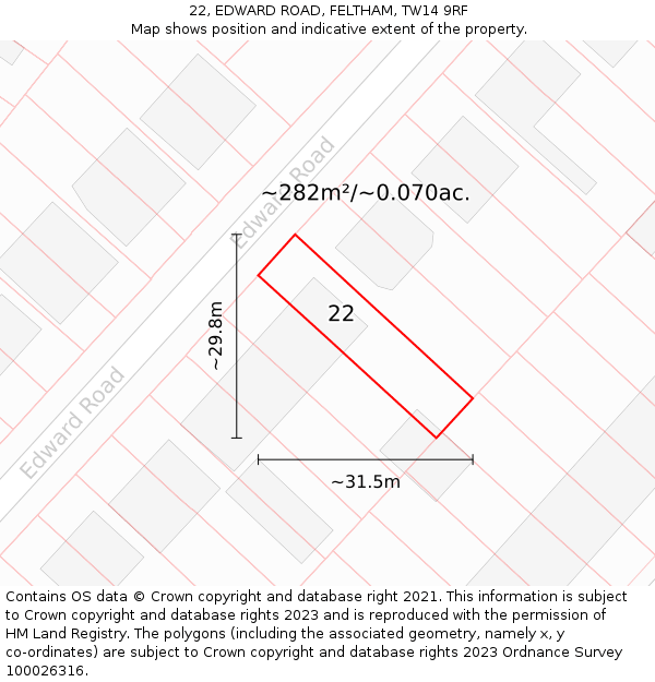 22, EDWARD ROAD, FELTHAM, TW14 9RF: Plot and title map