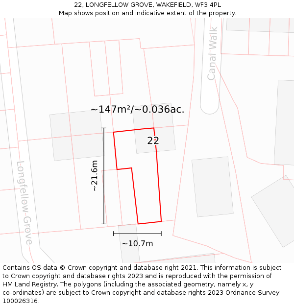 22, LONGFELLOW GROVE, WAKEFIELD, WF3 4PL: Plot and title map