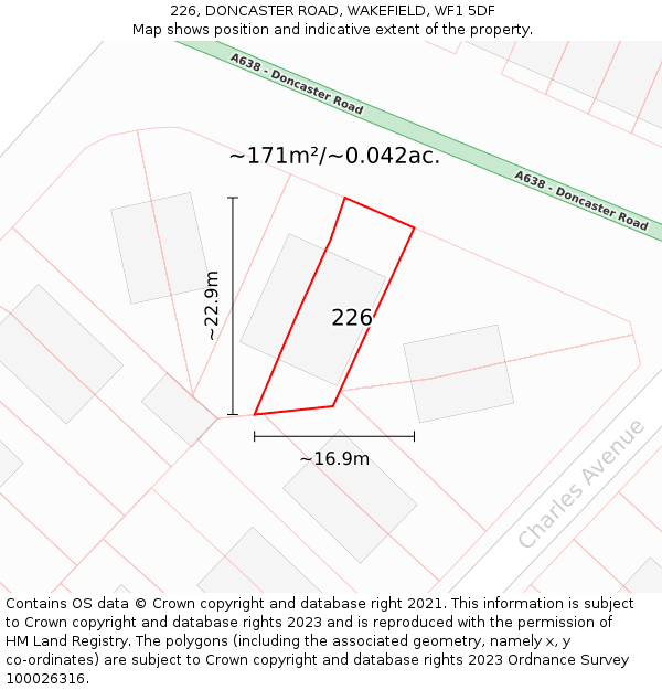 226, DONCASTER ROAD, WAKEFIELD, WF1 5DF: Plot and title map