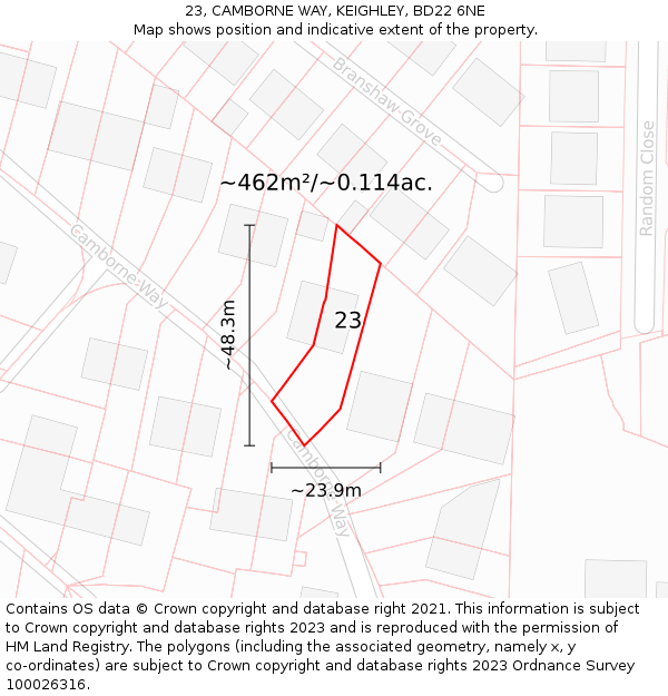 23, CAMBORNE WAY, KEIGHLEY, BD22 6NE: Plot and title map