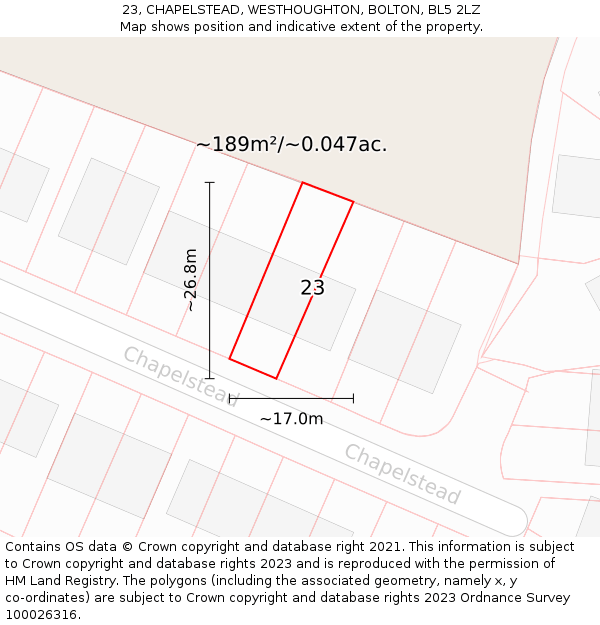 23, CHAPELSTEAD, WESTHOUGHTON, BOLTON, BL5 2LZ: Plot and title map