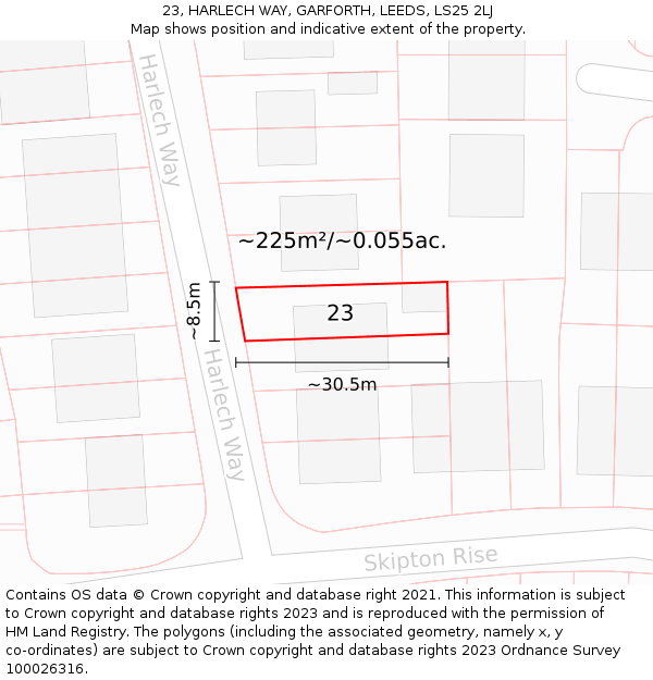 23, HARLECH WAY, GARFORTH, LEEDS, LS25 2LJ: Plot and title map