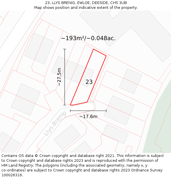 23, LLYS BRENIG, EWLOE, DEESIDE, CH5 3UB: Plot and title map