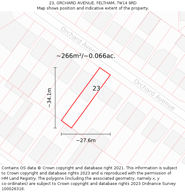 23, ORCHARD AVENUE, FELTHAM, TW14 9RD: Plot and title map