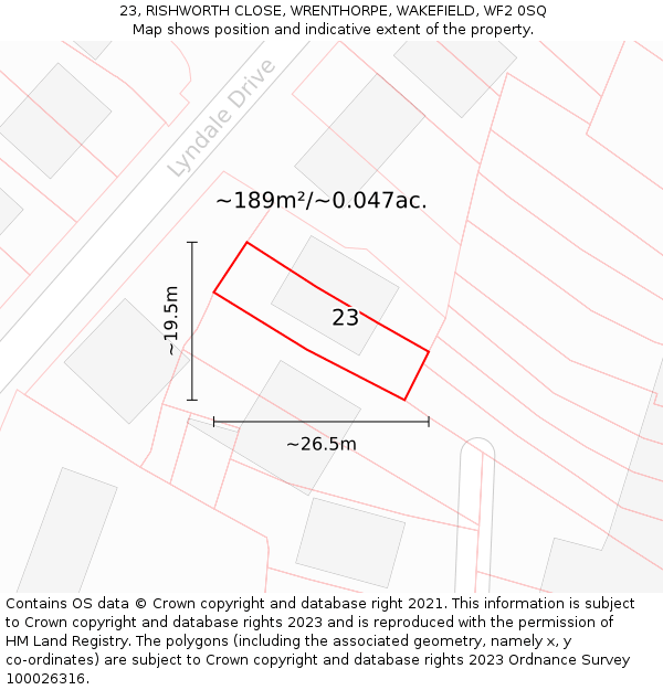 23, RISHWORTH CLOSE, WRENTHORPE, WAKEFIELD, WF2 0SQ: Plot and title map