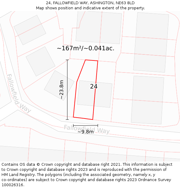 24, FALLOWFIELD WAY, ASHINGTON, NE63 8LD: Plot and title map