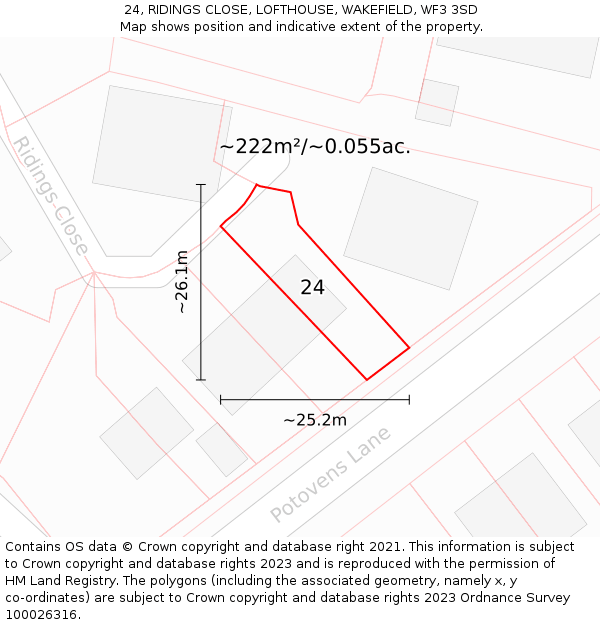 24, RIDINGS CLOSE, LOFTHOUSE, WAKEFIELD, WF3 3SD: Plot and title map