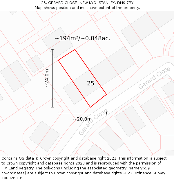 25, GERARD CLOSE, NEW KYO, STANLEY, DH9 7BY: Plot and title map