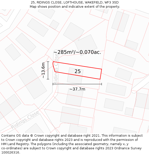 25, RIDINGS CLOSE, LOFTHOUSE, WAKEFIELD, WF3 3SD: Plot and title map