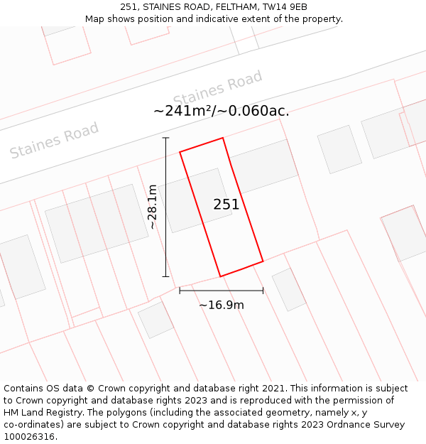 251, STAINES ROAD, FELTHAM, TW14 9EB: Plot and title map
